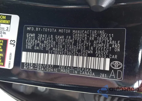 2011 Toyota Corolla S из США, поврежденный, VIN 2T1BU4EE9BC670566